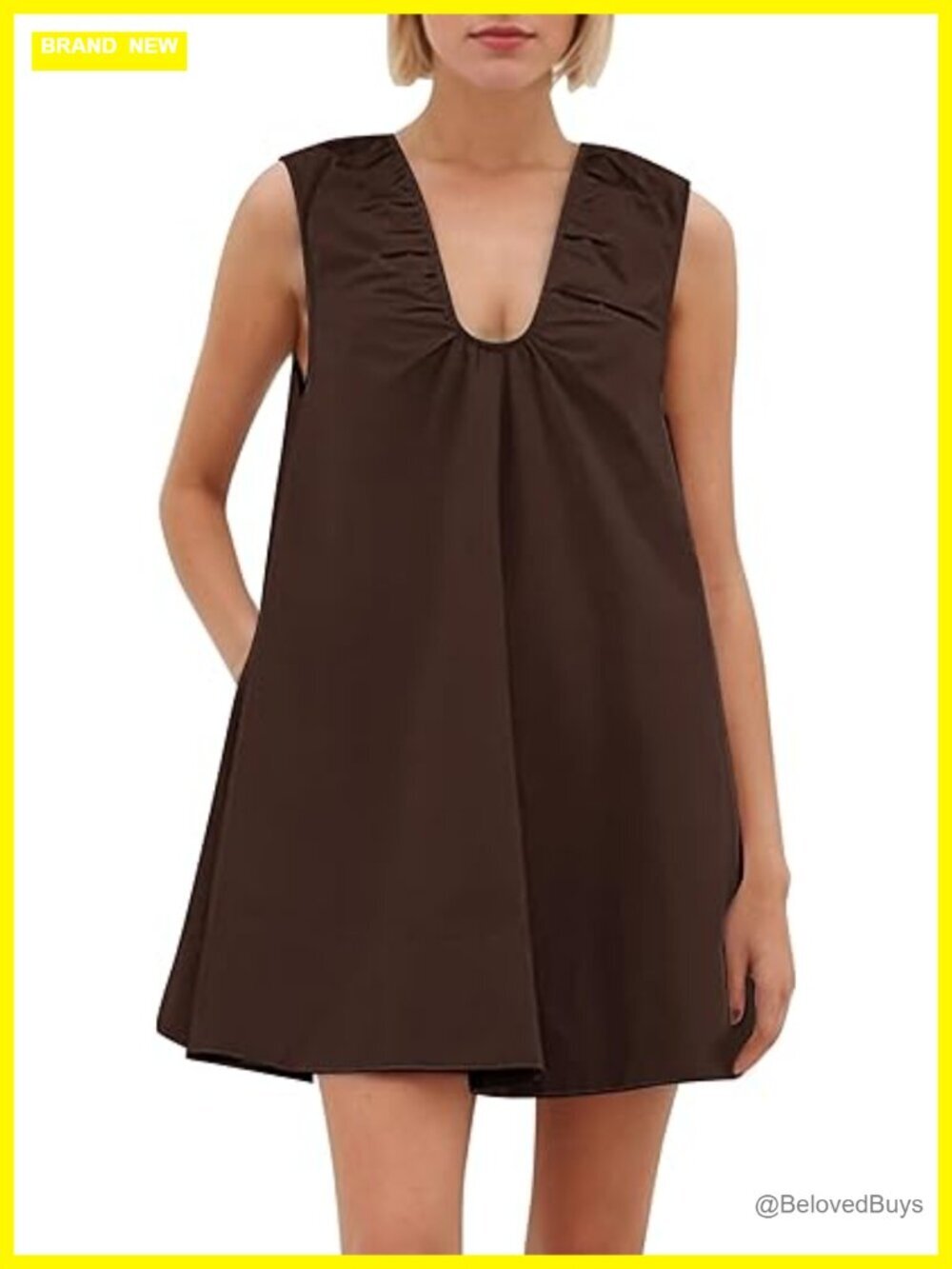 Women's Sleeveless Babydoll Mini Dress with Pockets, Scoop Neck, Ruched